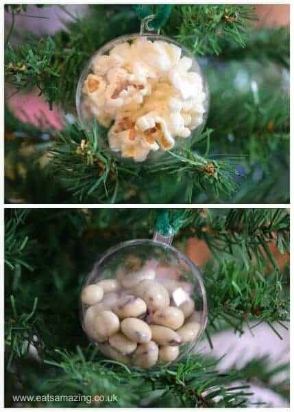 Fun easy snack idea for Christmas - use fillable baubles for a Christmas treasure hunt - with a list of snack food ideas from Eats Amazing UK