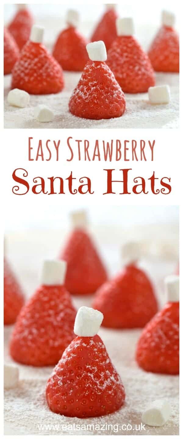 Quick and easy Strawberry Santa Hats - fun and healthy Christmas treat - festive fun food for kids from Eats Amazing UK - perfect for a North Pole Breakfast