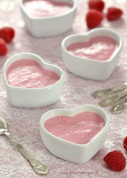 4 ingredient healthier raspberry mousse pots made with yogurt and gelatine - this recipe is so easy and a perfect dessert for the kids this Valentines day