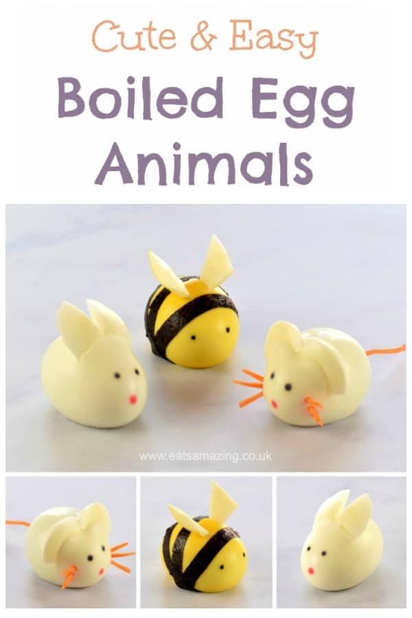How to make cute boiled egg animals - fun and healthy Easter food for kids with egg rabbit egg mouse and egg bee plus video tutorials #EatsAmazing #Easter #easterfood #eggs #eastereggs #funfood #kidsfood #foodforkids #foodart #ediblert #healthykids #cutefood #bento #easterbunny #breakfast 