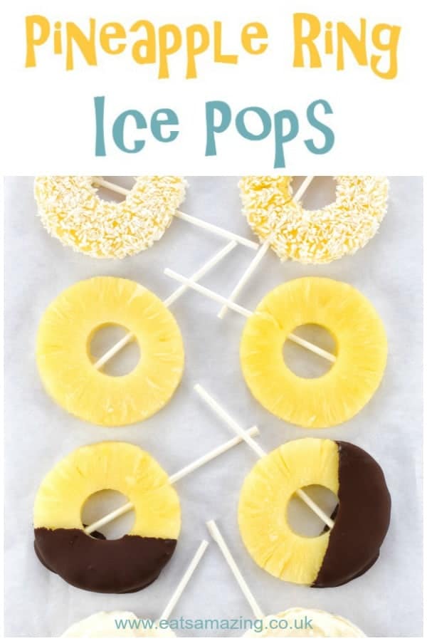 Easiest ever healthy pineapple ice lollies recipe with 4 different serving ideas - these simple fruit ice pops make a great kids snack idea for summer! #summerfood #popsicles #icelolly #kidsfood #easyrecipe #frozen #icelollies #pineapple #fruit #healthysnacks #summersnacks #healthytreat #healthykids