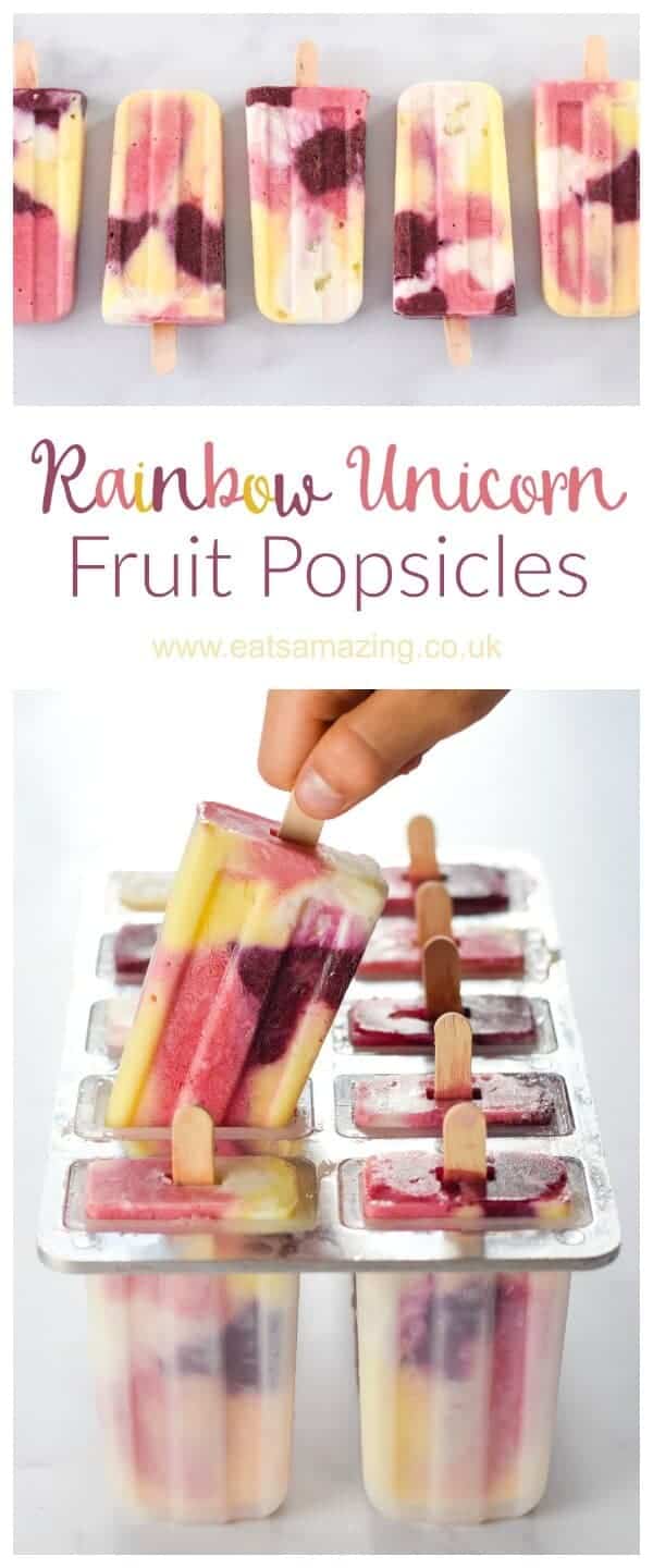Healthy Unicorn Rainbow Fruit Popsicles recipe - These beautiful all natural popsicles will be a hit for kids snacks this summer - Eats Amazing