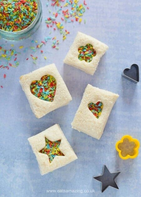 Cute mini fairy bread sandwiches made with homemade rainbow coconut sprinkles - perfect for lunch boxes and kids party food