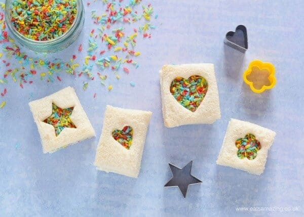 Mini fairy bread sandwiches with healthier homemade sprinkles - perfect for lunch boxes and a fun party food idea too - Eats Amazing UK