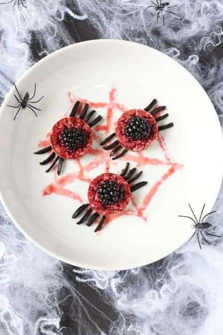 30 Healthy Halloween Party Food Ideas for Kids - Spider Rice Cakes from My Fussy Eater