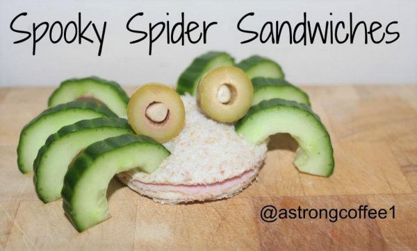 30 Healthy Halloween Party Food Ideas for Kids - Spooky Spider Sandwiches from A Strong Coffee