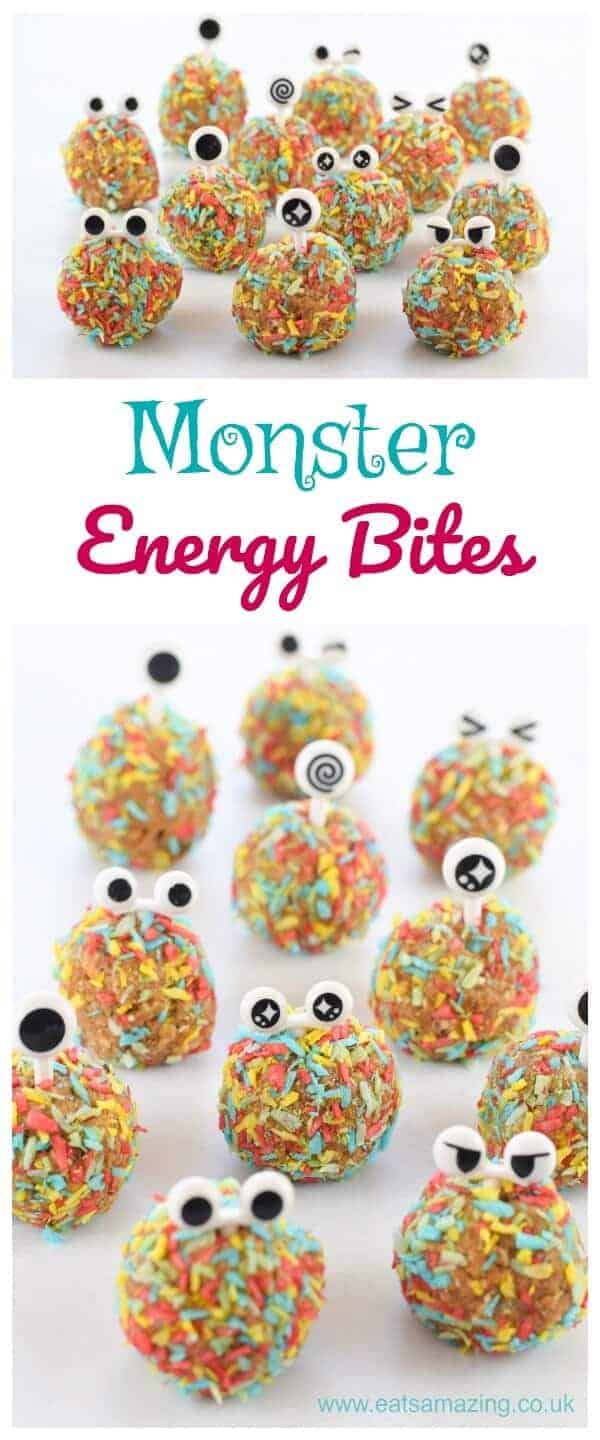 Easy monster energy balls recipe - cute and healthy snack for kids - vegan nut free gluten free and dairy free - fun food for kids from Eats Amazing UK