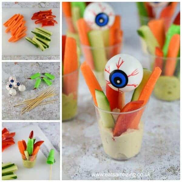Easy Creepy Crudite Cups fun recipe - Healthy and fun allergy friendly Halloween party food idea for kids - Eats Amazing UK