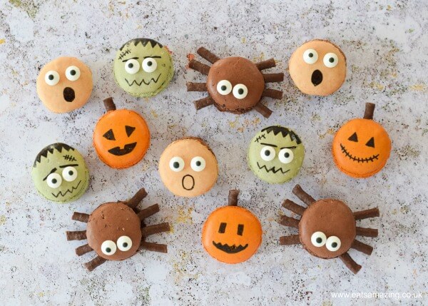 How to make Halloween macarons - fun designs including pumpkin spiders frankenstein and screaming macarons - Eats Amazing