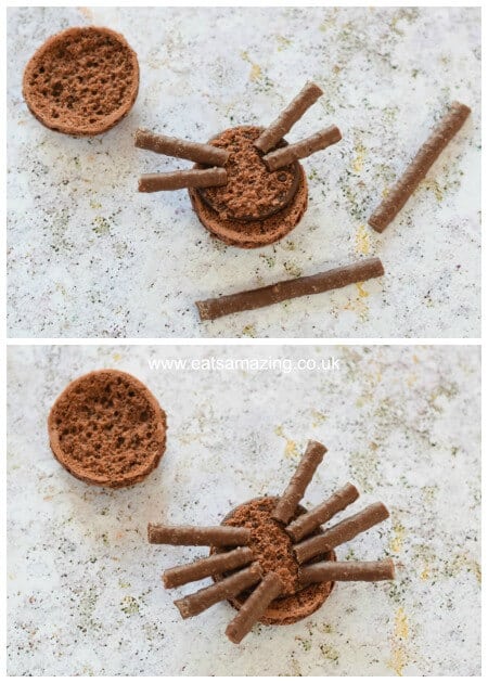 How to make Macaron Spiders - fun food idea for Halloween from Eats Amazing UK - Step 1 Adding the Legs