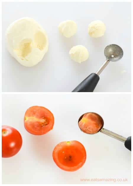 How to make easy tomato and mozarella eyeball caprese bites - Fun and easy healthy Halloween food for kids - Eats Amazing UK