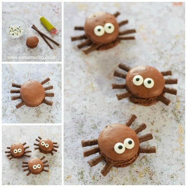 How to make fun and easy Macaron Spiders - Fun Halloween food idea from Eats Amazing UK - a great dessert for Halloween Parties