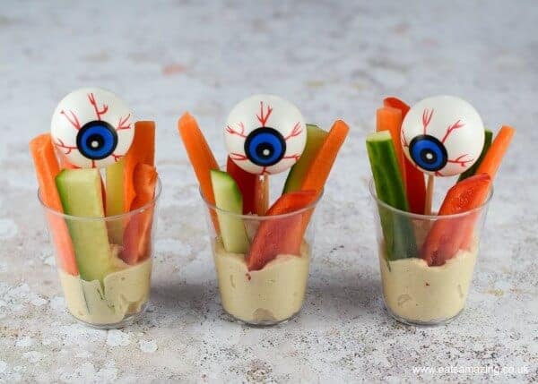 Quick and easy creepy eye Crudite Cups recipe - healthy and fun allergy friendly Halloween party food idea for kids - Eats Amazing UK