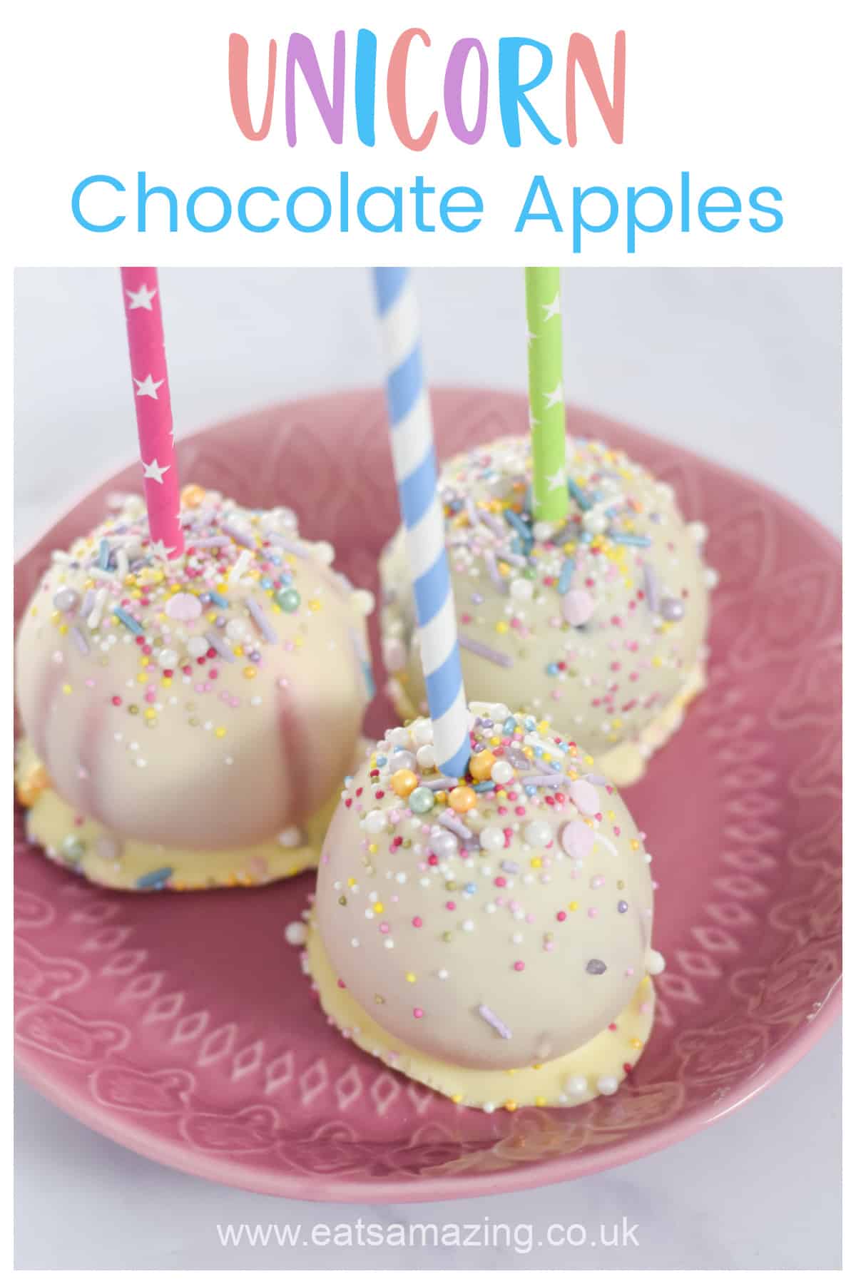 Cute unicorn themed chocolate dipped apples - perfect for unicorn themed party food or a fun bonfire night treat for kids
