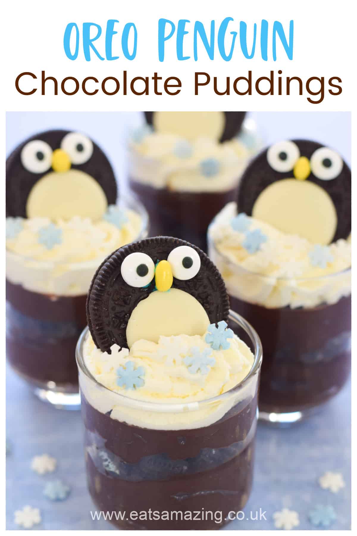 Fun chocolate pudding pots recipe with oreo penguins - perfect for a cute Christmas dessert for kids