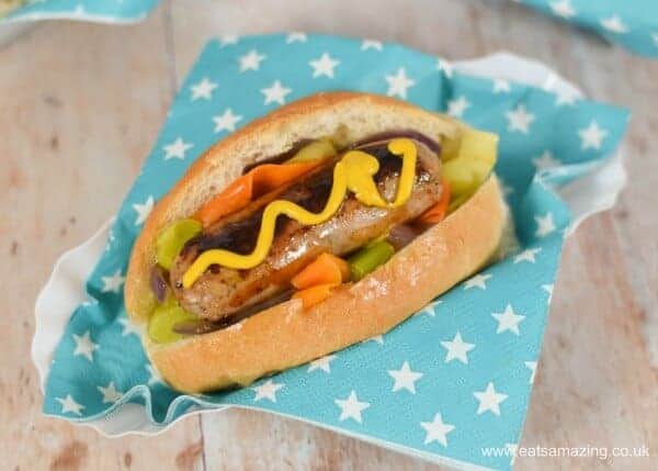 Healthier Hot Dogs recipe with simple rainbow veggies and onions - fun food for kids from Eats Amazing UK