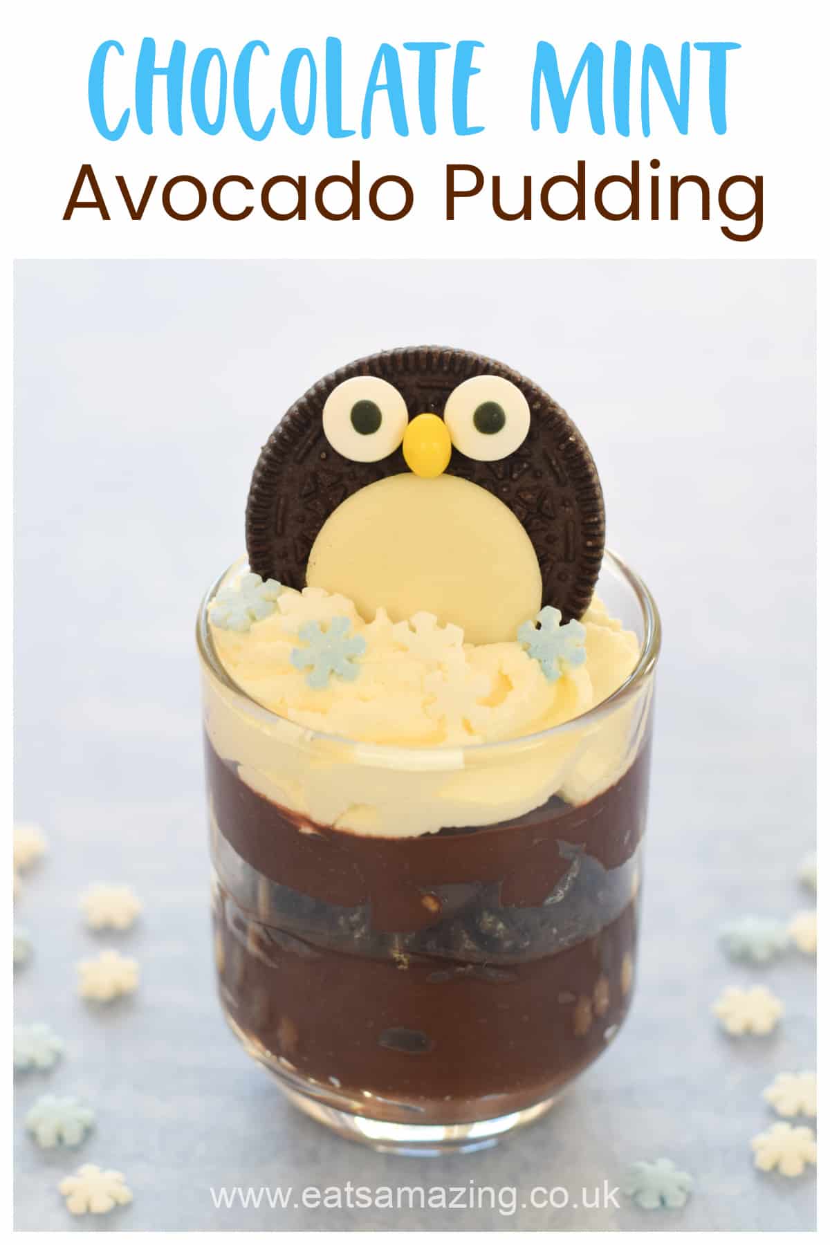 Healthy chocolate avocado pudding recipe with cute oreo penguin toppers - perfect for Christmas dessert