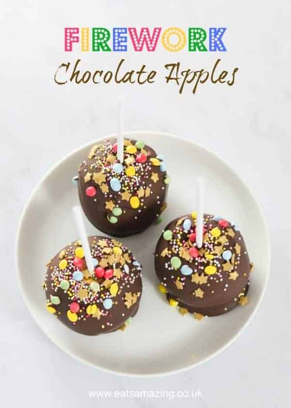 Pretty Firework Dark Chocolate Dipped Apples recipe - fun food for kids perfect for Bonfire Night or New Years Eve party food - Eats Amazing UK