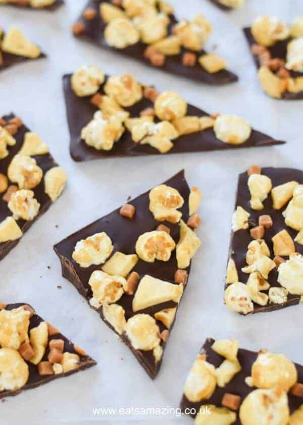 Quick and easy Toffee Apple Chocolate Bark recipe with popcorn - perfect for a bonfire night treat - Eats Amazing UK