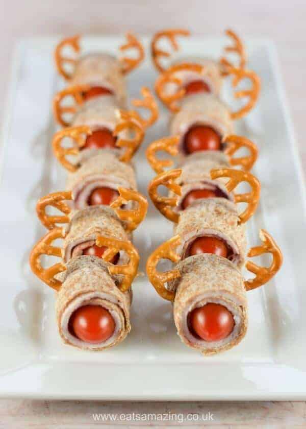 Cute and easy Rudolf Reindeer Themed Tortilla Turkey and Cranberry Roll-Ups Recipe - Healthy and Fun Christmas Food for Kids from Eats Amazing UK