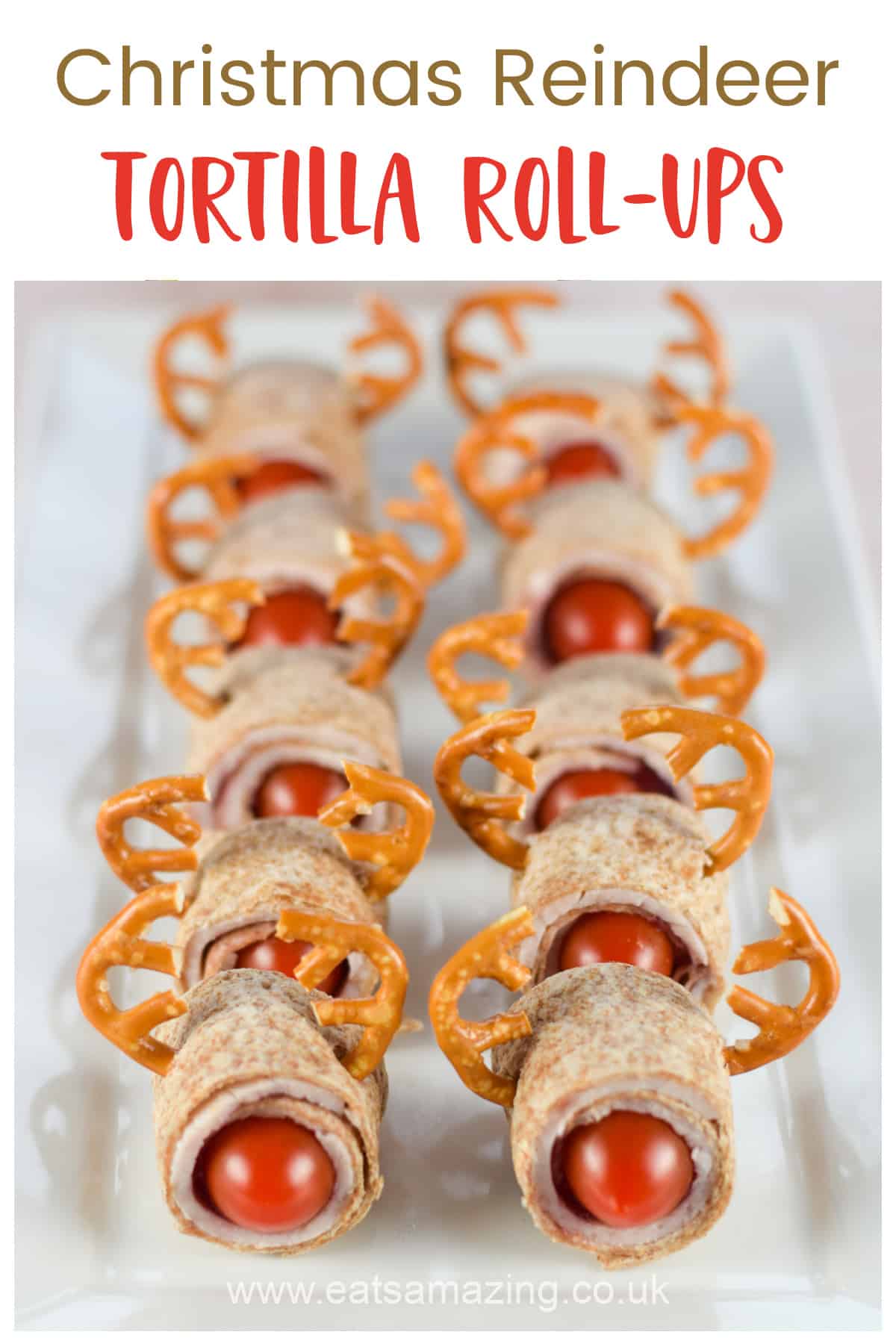 Cute and easy Rudolf reindeer themed tortilla roll-ups - fun and healthy party food for kids