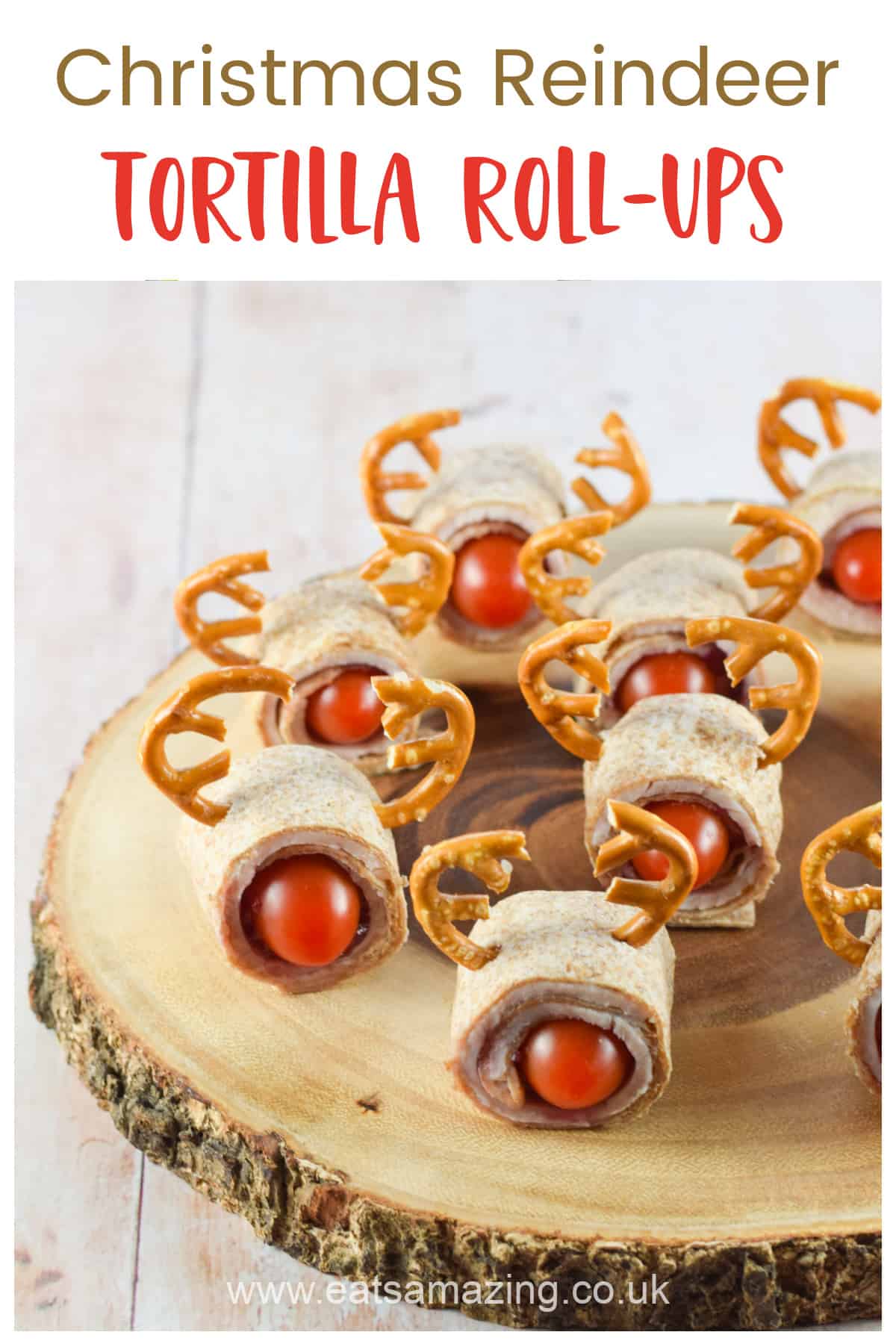 Fun and easy reindeer roll-ups recipe for healthy Christmas party food for kids - with video tutorial