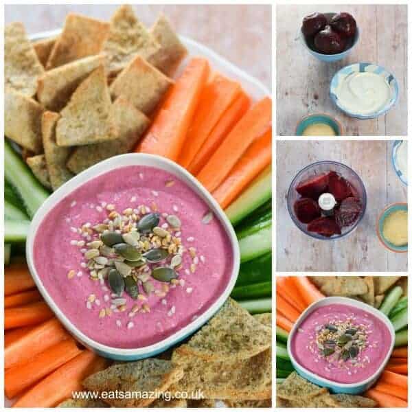 3 ingredient easy beetroot dip recipe - great for party platters healthy snacks and lunch boxes - kid friendly food from Eats Amazing