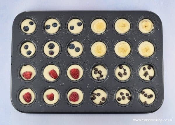 How to make oven baked yogurt pancake bites in a mini muffin tin - fun breakfast recipe for kids from Eats Amazing UK