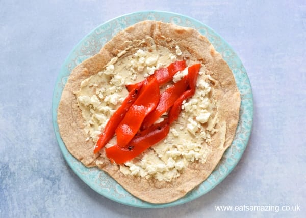 3 tasty tortilla wrap filling ideas for lunches - hummus with roasted red pepper and feta