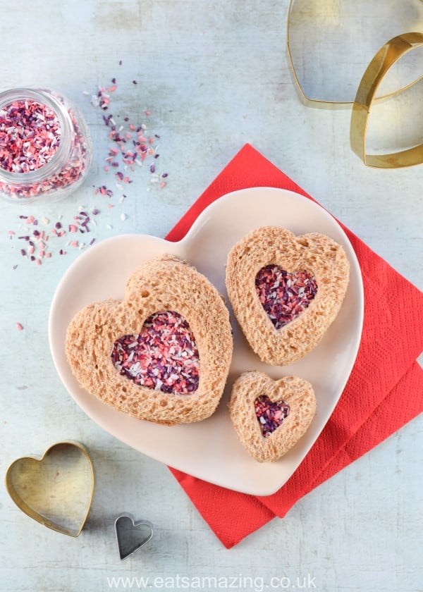 Cute fairy bread heart sandwiches for Valentines Day with homemade coconut sprinkles
