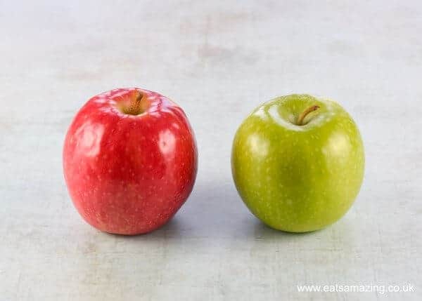 Shiny pink and green Apples standing side by side on a grey green backdrop