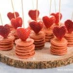 Strawberry heart topped mini pancake stackers - cute Valentines themed breakfast recipe for kids - Eats Amazing UK
