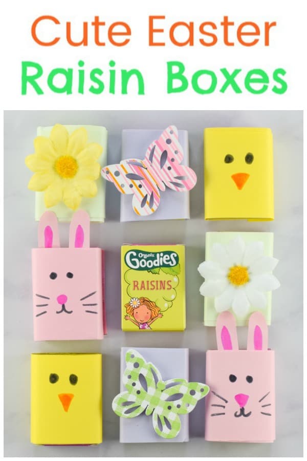 Cute and easy Easter raisin boxes with video tutorial - fun and healthy Easter snack for kids - great for Easter baskets and egg hunts #EatsAmazing #easter #eastercrafts #easterbasket #healthykids #kidsfood #easterbunny #kidscraft #kidsactivities #foodart #funfood #cutefood #edibleart #ediblecraft #egghunt #partyfood #foodforkids