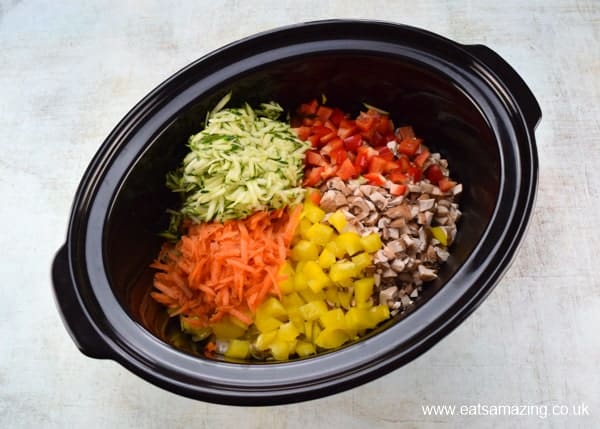 How to make Slow Cooker Bolognese with hidden veggies - kid friendly family meal recipe from Eats Amazing UK - a rainbow of veg