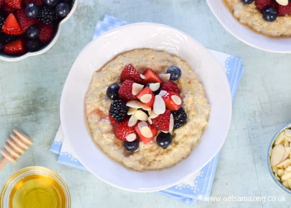 Easy quick microwave porridge recipe with summer berries and almond topping - great healthy family breakfast idea