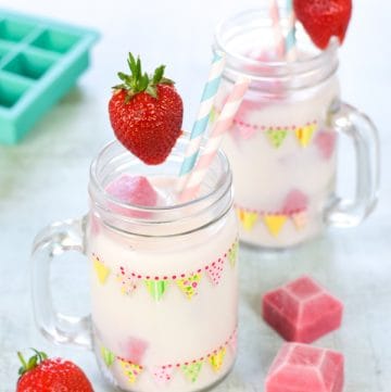 Easy strawberry milkshake ice cubes recipe made with fresh strawberries - fun summer drink for kids parties