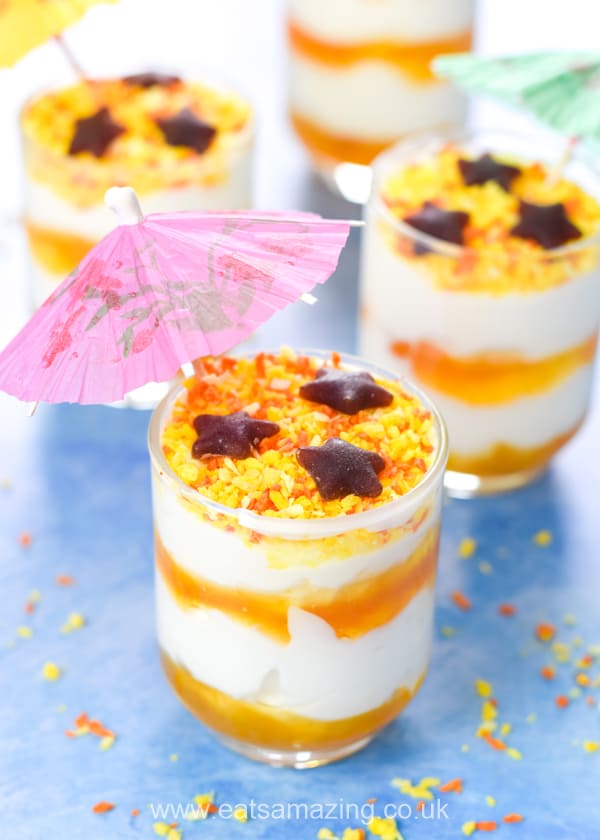 Sandy beach themed yogurt parfaits recipe - healthy fun food for kids that is perfect for summer party food and desserts