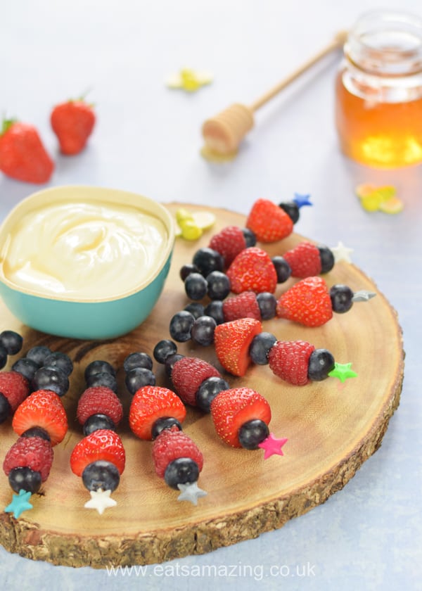 Simple summer berry skewers with honey vanilla Greek yogurt dip recipe - healthy snack or dessert for kids