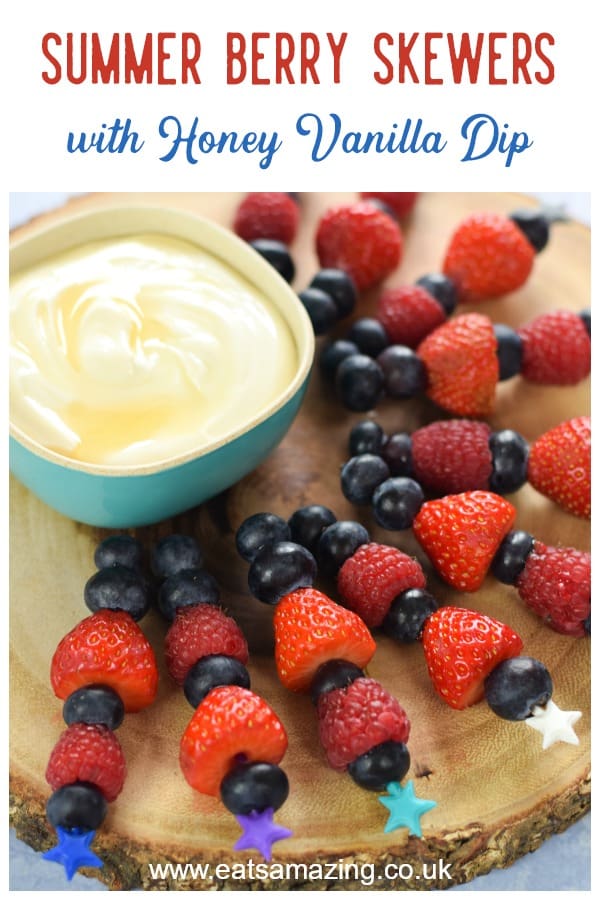 These simple summer berry skewers with a delicious honey vanilla dip are perfect for summer parties, picnics or a healthy dessert kids will love #summerfood #picnic #kidsfood #partyfood #berries #easyrecipe #kebabs #stix #healthydessert #healthyrecipes #healthyfood #healthykids #kidsparty #dip 