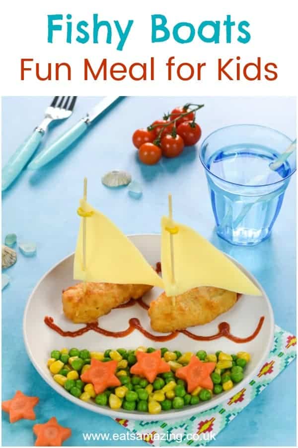 Turn goujons into boats with this easy fun meal idea for kids - perfect for beach themed party food too #summerfood #EatsAmazing #funfood #kidsfood #foodart #edibleart #kidsmeal #familyfood #kidapproved #cutefood #fish #partyfood
