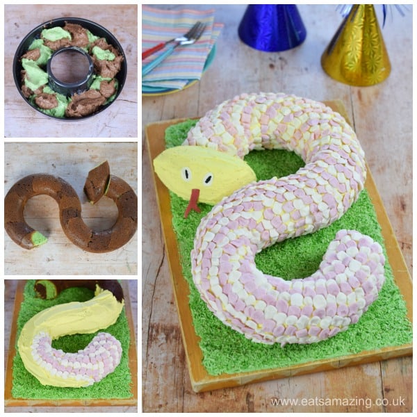 Fun snake birthday cake tutorial and recipe with step by step photos and instructions