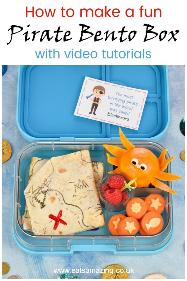How to make a fun Pirate bento box for kids - with quesadilla treasure map orange octopus and vegetable coins for a fun school lunch surprise #EatsAmazing #bentobox #lunchbox #kidsfood #foodart #funfood #bento #pirates #lunch #packedlunch #edibleart #cutefood #backtoschool #yumbox #yumboxlunch