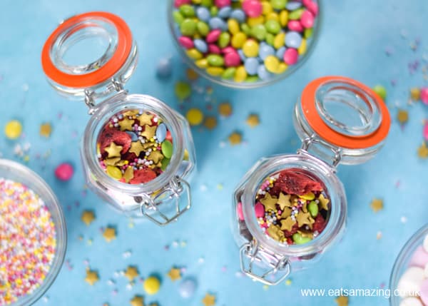 How to make cute and easy birthday sprinkle mixes for a fun birthday breakfast surprise for kids - with free printable labels