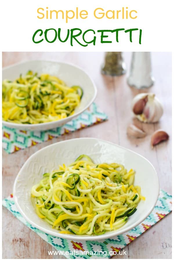 Simple garlic stir fry courgetti recipe - this quick and easy spiraliser recipe is great for using up extra courgettes #courgettes #summerfood #spiralizer #spiralized #zucchini #easyrecipe #3ingredients #familyfood #healthyrecipes #stirfry #courgetti #zoodles 