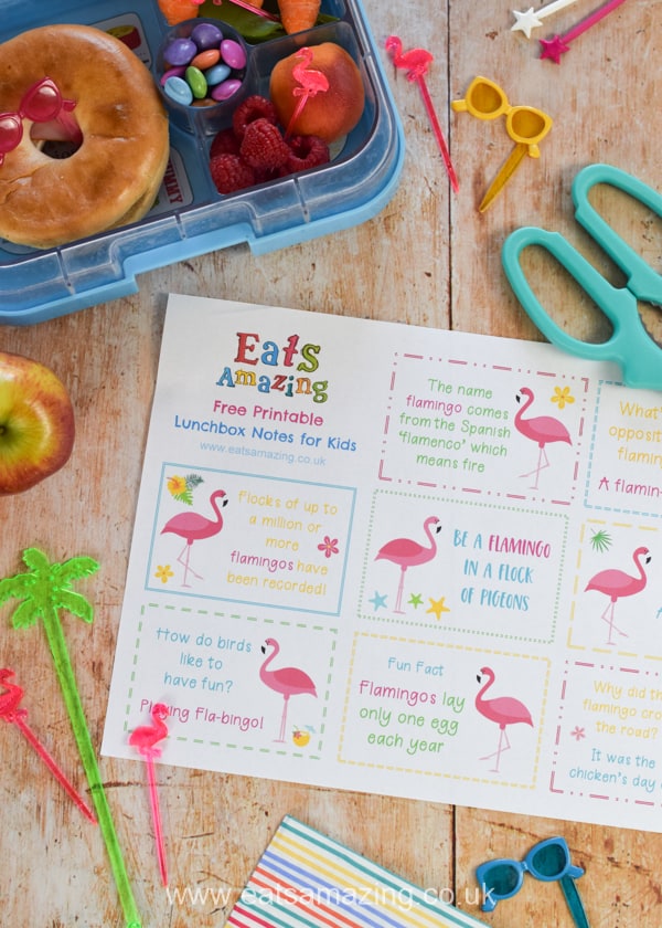 These fun Flamino lunchbox notes for kids are FREE to download and print - add them to lunch boxes and lunch bags for a fun back to school surprise
