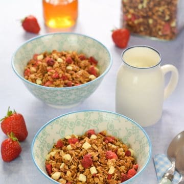 This strawberries and cream granola recipe makes a gorgeous easy summer breakfast idea the whole family will love