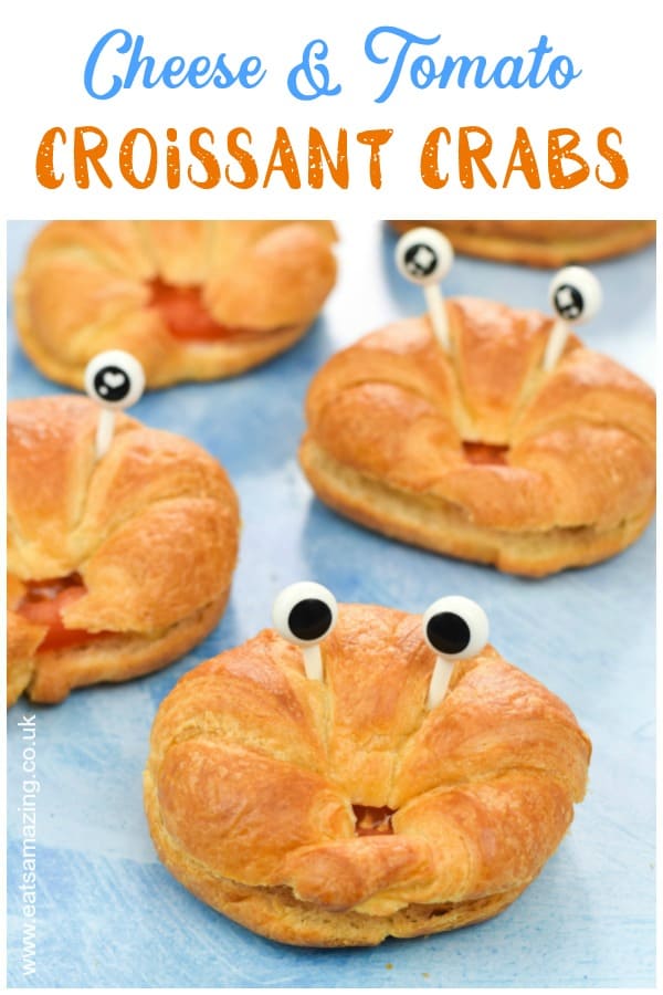 Toasted cheese and tomato croissant crabs recipe - kids will love this fun food idea for summer party food or snacks #funfood #kidsfood #summerfood #foodart #partyfood #beachparty #ocean #edibleart #ediblecraft #cutefood #easyrecipe #cookingwithkids 