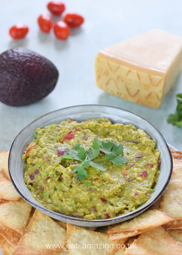 Easy child-friendly guacamole recipe with homemade cheesy tortilla chips - fun recipes for kids to cook themselves