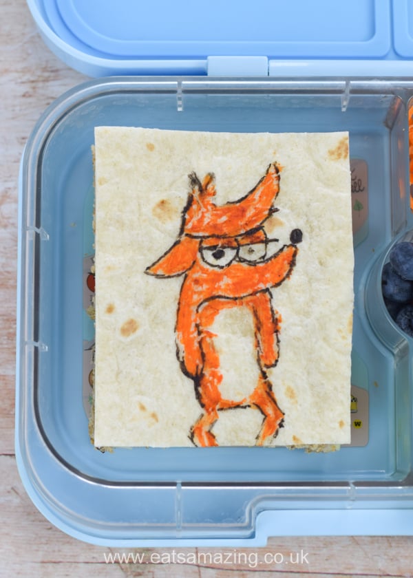 Fun food art for kids - cute Big Bad Fox themed sandwich with video tutorial and full instructions