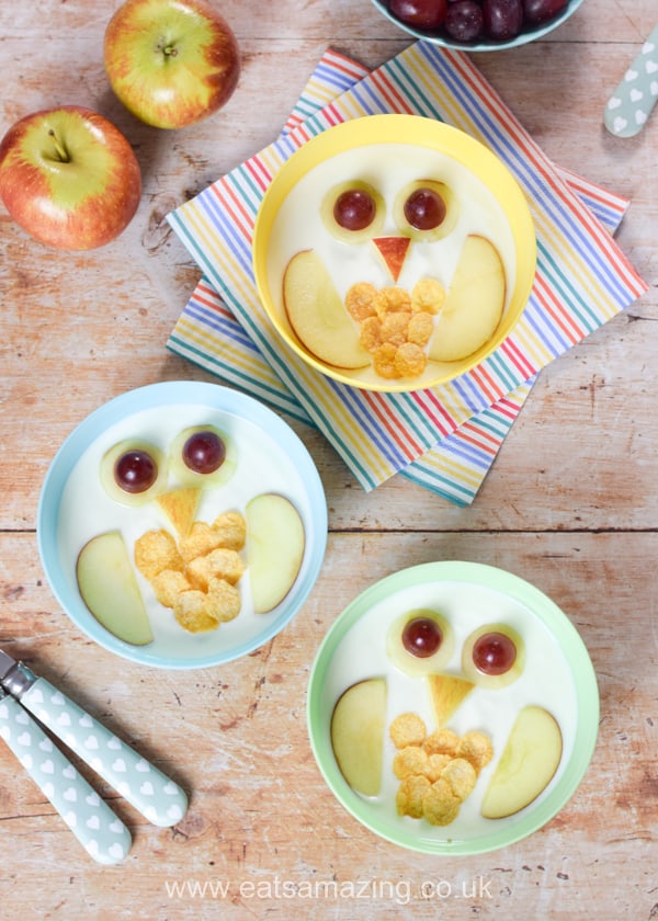 How to make cute owl yogurt bowls for a healthy breakfast snack or dessert for kids - fun and easy recipe with step by step photos